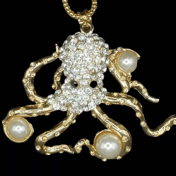Octopus Pendant Necklace Rhinestone Faux Pearl Gold Tone Giftboxed Ocean - Picture 3 of 7